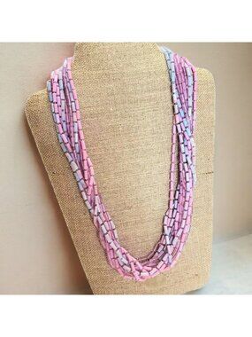 Vintage multi strand Necklace with box clasp plastic beads pink purple 22 inches